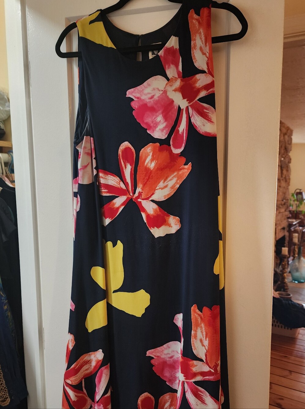 Anne Klein Navy Maxi Dress with Pink, Orange & Yellow Floral Print